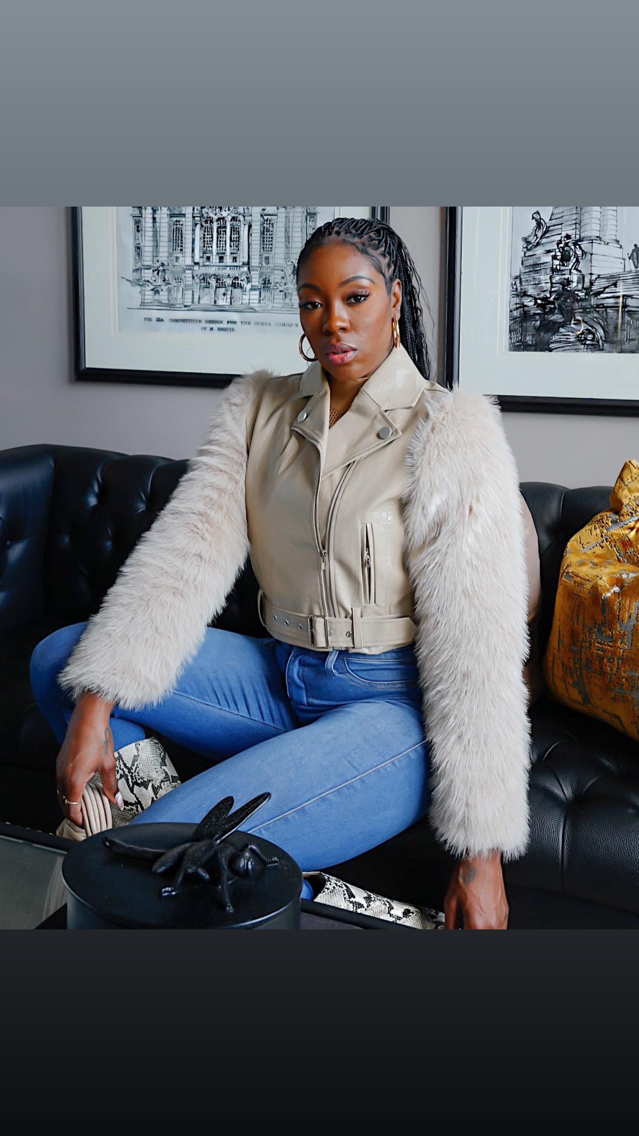 Beige Croc Faux Fur Arms Moto Jacket