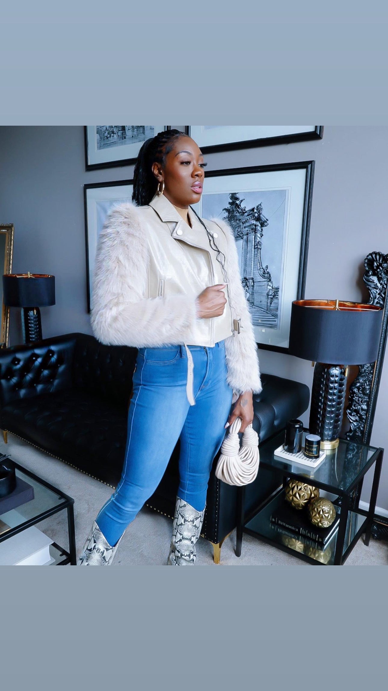 Beige Croc Faux Fur Arms Moto Jacket