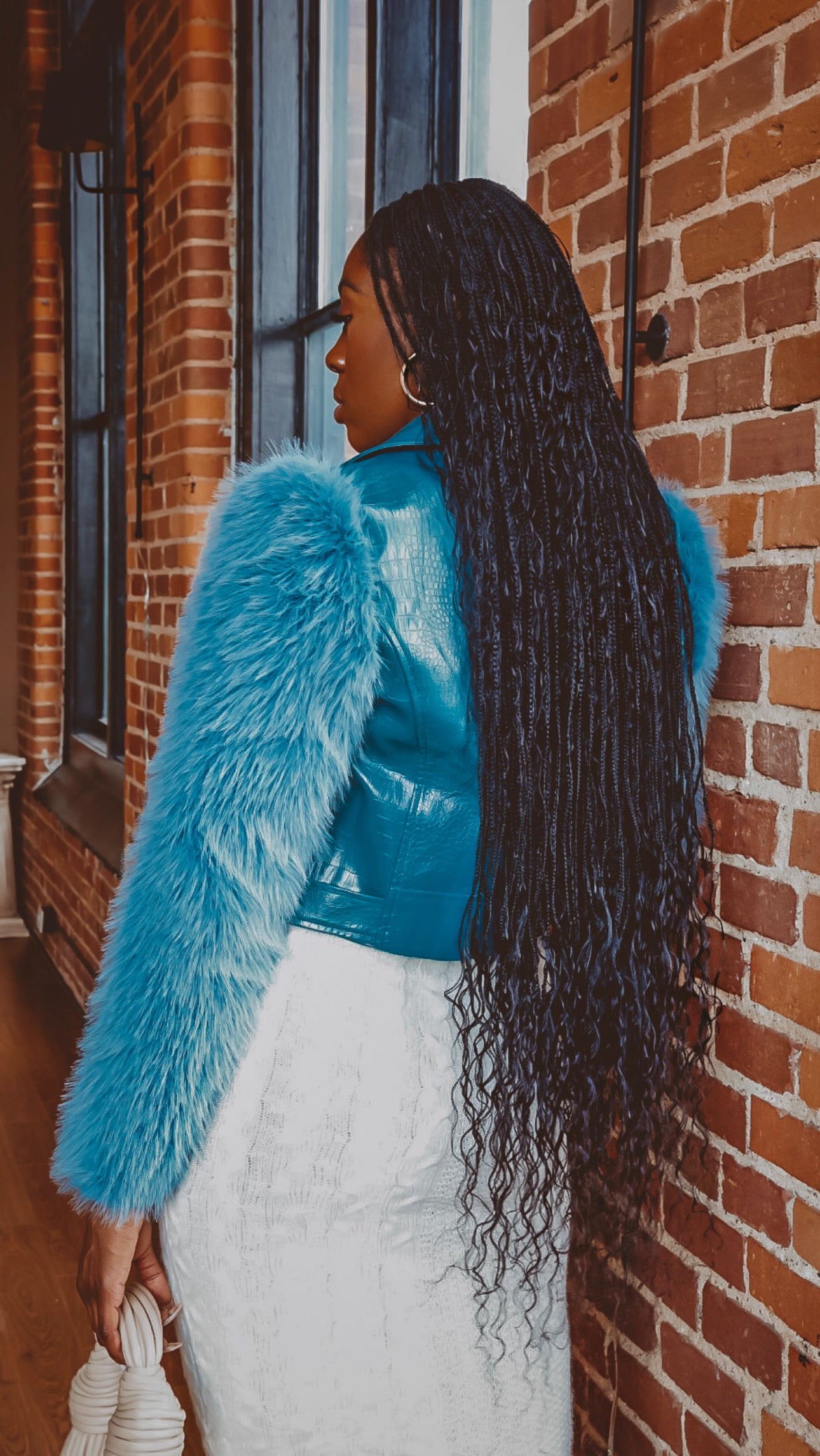 Teal Croc Faux Fur Arms Moto Jacket
