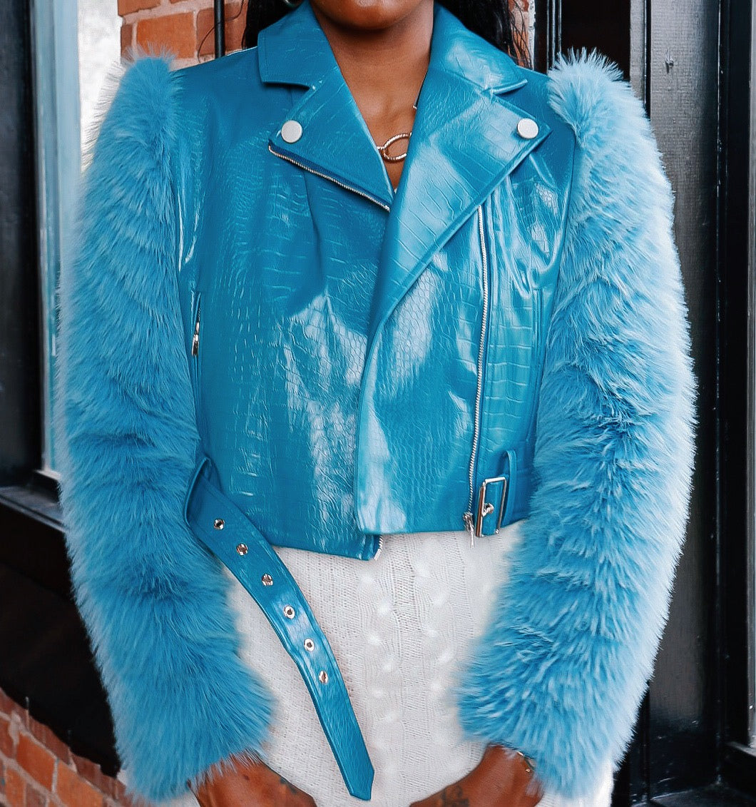 Teal Croc Faux Fur Arms Moto Jacket